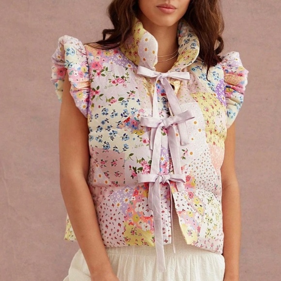 Boho Floral Print Front Tie Puff Sleeve Quilted Puffer Vest - Picture 3 of 7